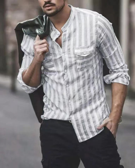 Striped Men's Stand Collar Long Sleeve Casual Shirt