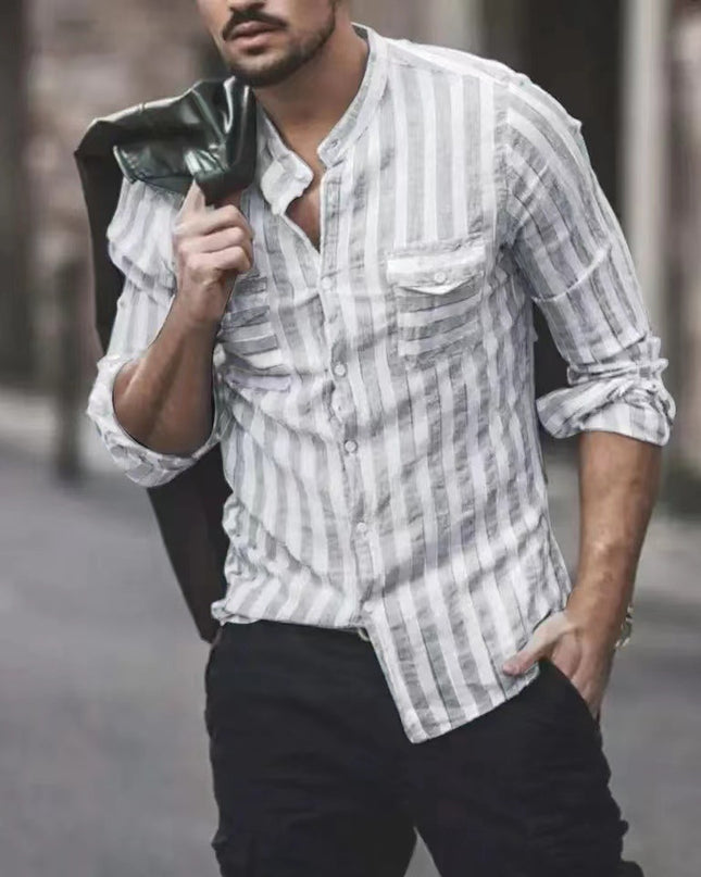 Striped Men's Stand Collar Long Sleeve Casual Shirt