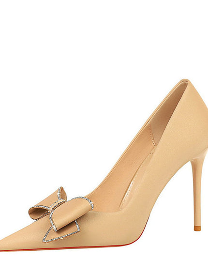 Rhinestone Bow Stiletto Heel Pumps Pointed High Heels