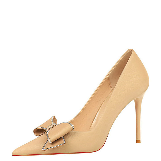 Rhinestone Bow Stiletto Heel Pumps Pointed High Heels