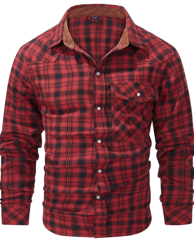 Flannel European And American Retro Pearl Buckle Western Style Long Sleeve Shirt