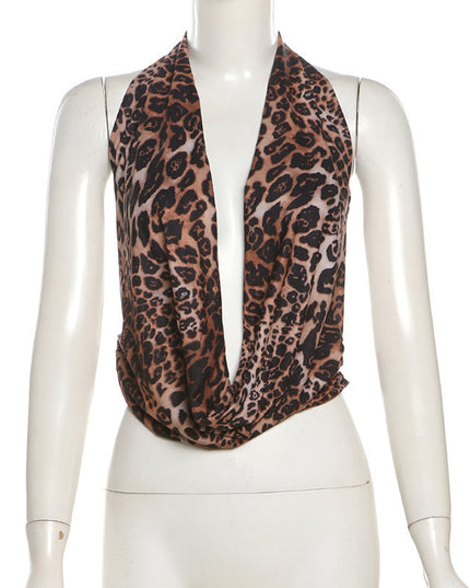 Sexy Sleeveless Leopard Print Lace-up Backless Halterneck Vest