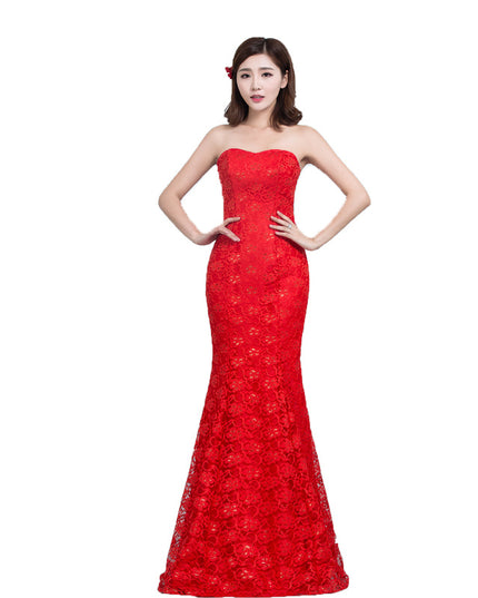 Sequined lace waist fishtail wedding dress