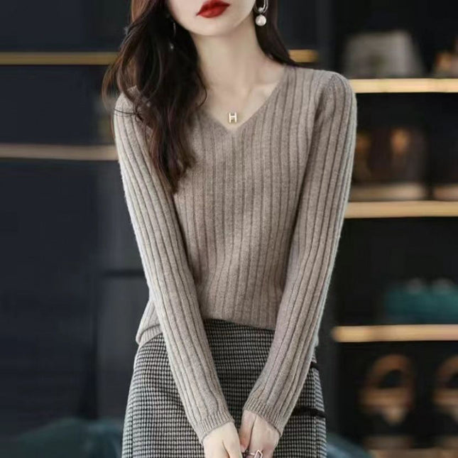 Slim V-neck Pullover Long Sleeve Knitted Sweater