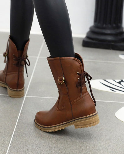 Lace-up round toe low-heel square heel boots
