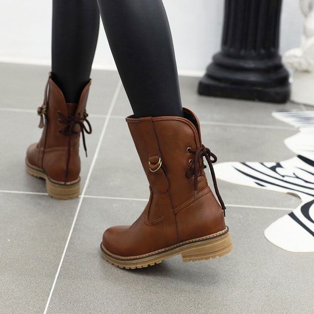Lace-up round toe low-heel square heel boots