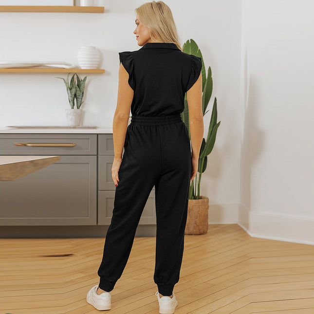 Women's Pure Color Casual Versatile High Waist Multi-pocket Jumpsuit