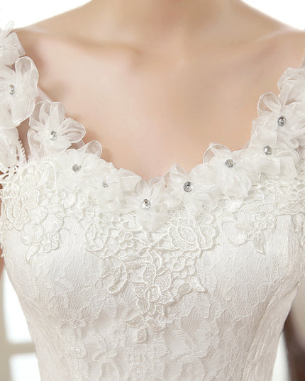 2021 spring new bride married gauze dress, slim thin shoulders, the Korean lace flower word shoulder woman