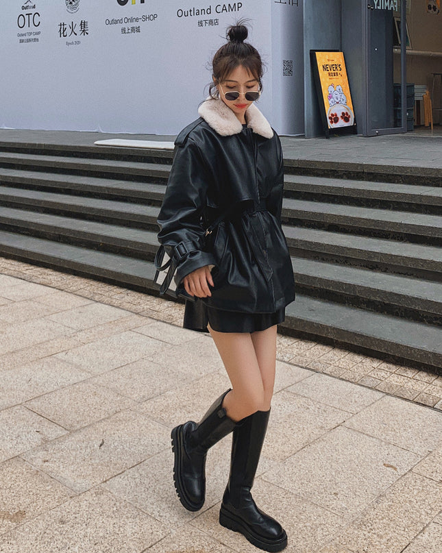 Loose Plus Velvet Thickening Small Locomotive PU Cotton Jacket Women