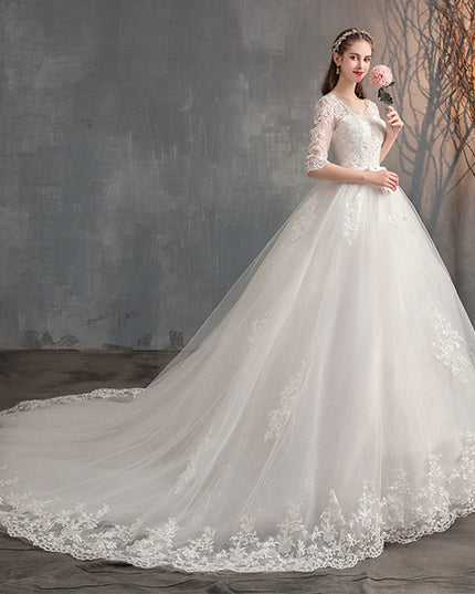 Wedding Dress Trailing Deep V Neck Lace High Waist Wedding Dress Long Sleeves