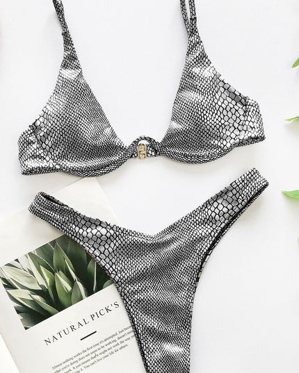 Serpentine glitter steel underpinning bikini triangle swimsuit