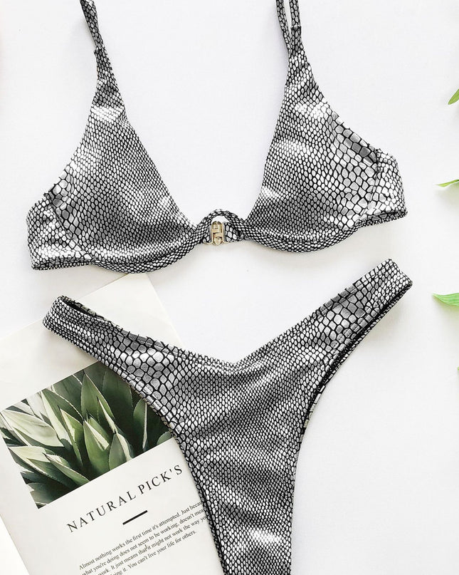 Serpentine glitter steel underpinning bikini triangle swimsuit