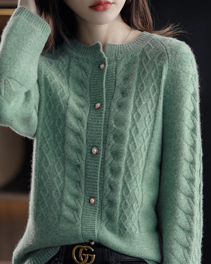 Round Neck Pure Wool Knit Cardigan Women's Long Sleeve Casual Simple