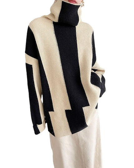 Idle Style Turtleneck Pullover Black And White Striped Sweater For Women