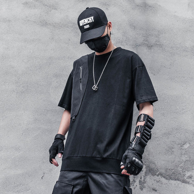 Fashionable Stitching Functional Zipper Short Sleeved T-shirt