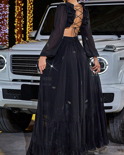 Elegant Chiffon Stitching Midriff Outfit Large Swing Banquet Dress