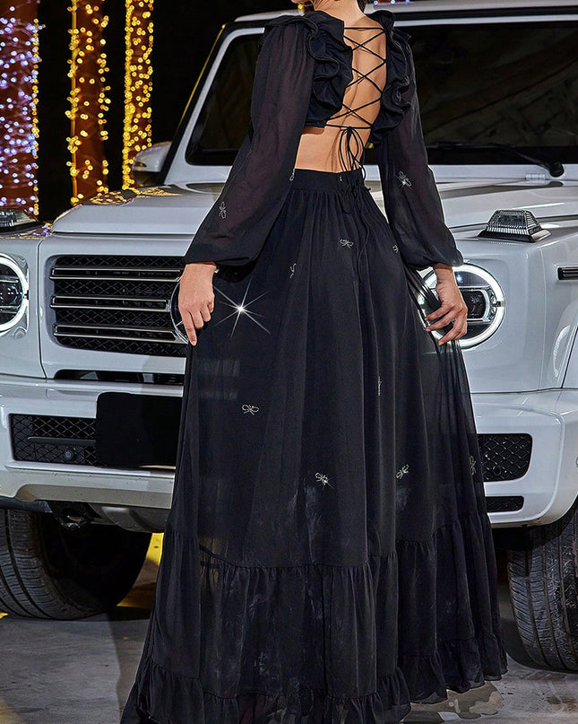 Elegant Chiffon Stitching Midriff Outfit Large Swing Banquet Dress
