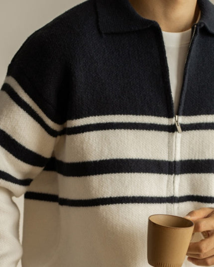Young Contrast Color Striped Lapel Sweater Men's Casual Zipper