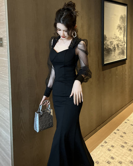 French Style Square Collar Long Dress For Women Hepburn Style Elegant Socialite Mesh Puff Sleeve Fishtail Dress