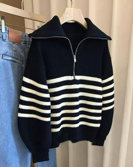 Lapel Half-open Zipper Contrast Color Striped Pullover Sweater