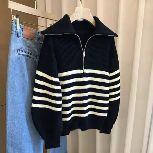 Lapel Half-open Zipper Contrast Color Striped Pullover Sweater