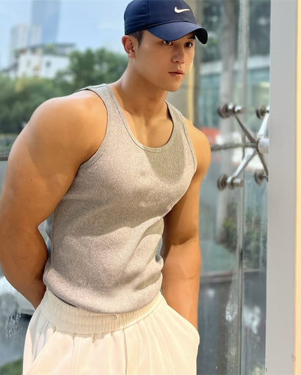 American-style Thick Thread Fitted Stretch Men's Sports Sleeveless T-shirt
