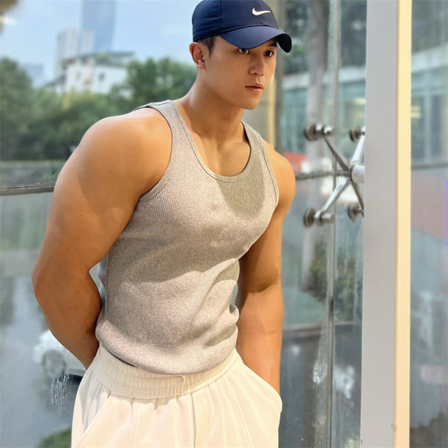 American-style Thick Thread Fitted Stretch Men's Sports Sleeveless T-shirt
