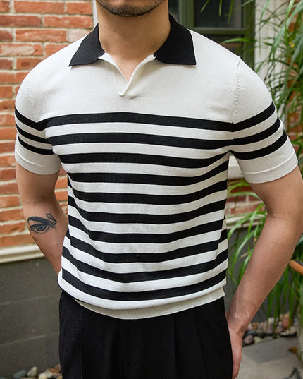 Lapel Lyocell Short Sleeve Fashion Breathable Stripes Polo Shirt