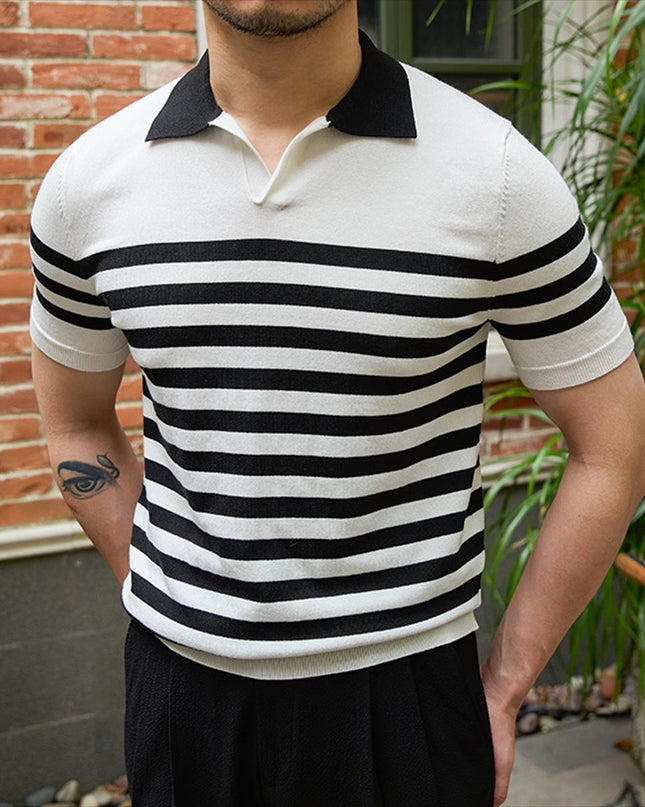 Lapel Lyocell Short Sleeve Fashion Breathable Stripes Polo Shirt