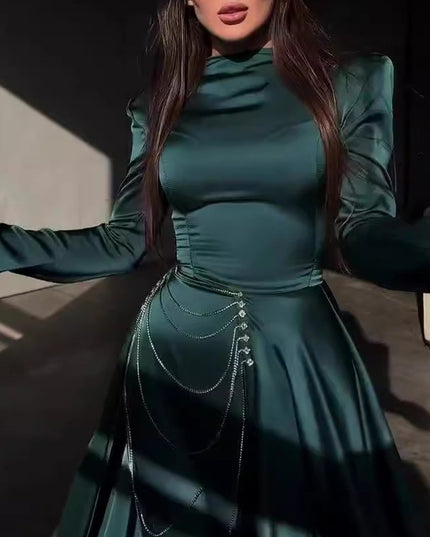 Satin Studded Long-sleeve Maxi Dress