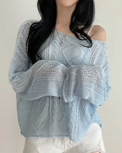 Hollow Jacquard Sun Protection Shirt Knitted Blouse Women Loose Thin Top
