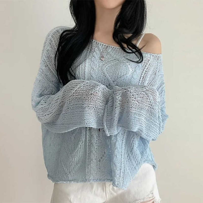 Hollow Jacquard Sun Protection Shirt Knitted Blouse Women Loose Thin Top