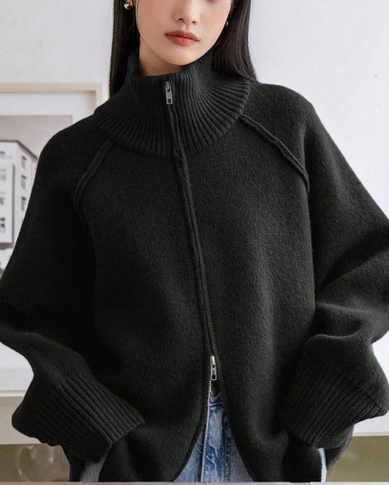 Solid Color Stand Collar Zipper Knitted Cardigan Top