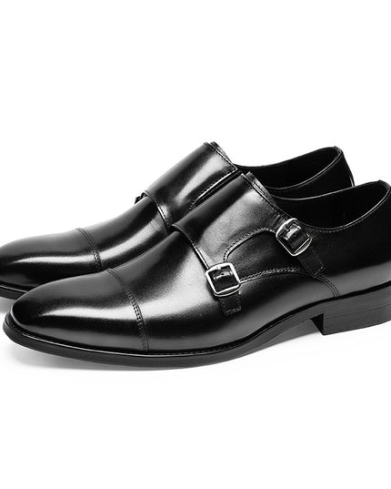 Double Buckle Design First Layer Cowhide Men's Business Leather Shoes
