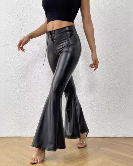 Bright Leather Elastic Waist Bell-bottom Pants
