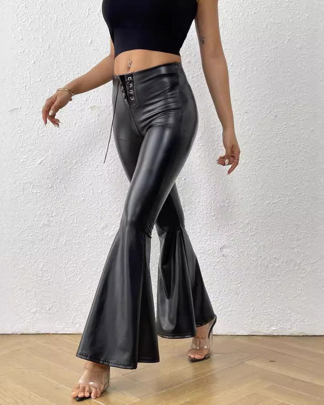 Bright Leather Elastic Waist Bell-bottom Pants