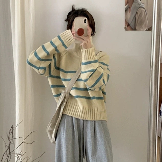 Korean Style Half Turtleneck Zipper Pullover Knitting Vintage Stripe Sweater