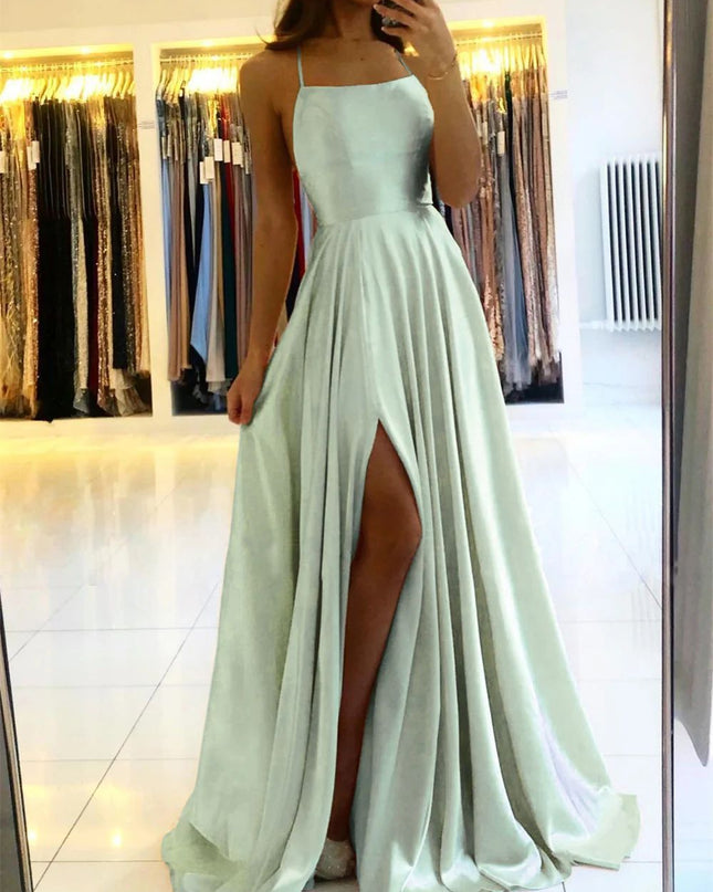 Elegant Women Maxi Beach Satin Dress Leg Slit Lace Up