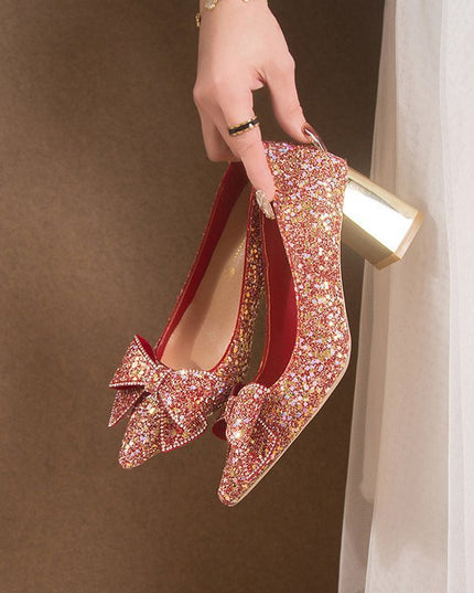 Crystal Sequins Wedding Xiuhe Chunky Heel Pointed-toe Shoes