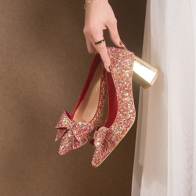 Crystal Sequins Wedding Xiuhe Chunky Heel Pointed-toe Shoes