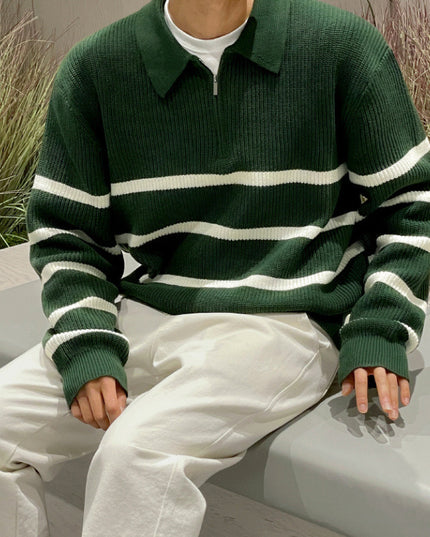 Half Zipper Contrast Color Knitwear Men's Loose Polo Collar Sweater