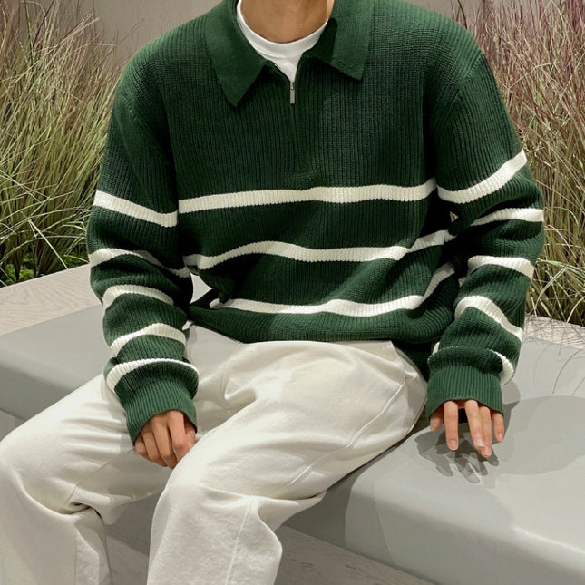 Half Zipper Contrast Color Knitwear Men's Loose Polo Collar Sweater