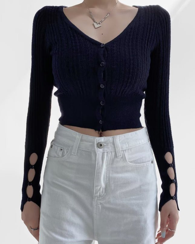 American Hot Girl Pure Desire Sexy V-neck Single-breasted Long Sleeve Sweater