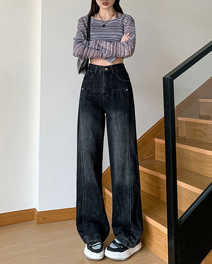Washed Wide-leg Men And Women Autumn And Winter New Large Size Pear-shaped High Waist Slim Straight Trousers