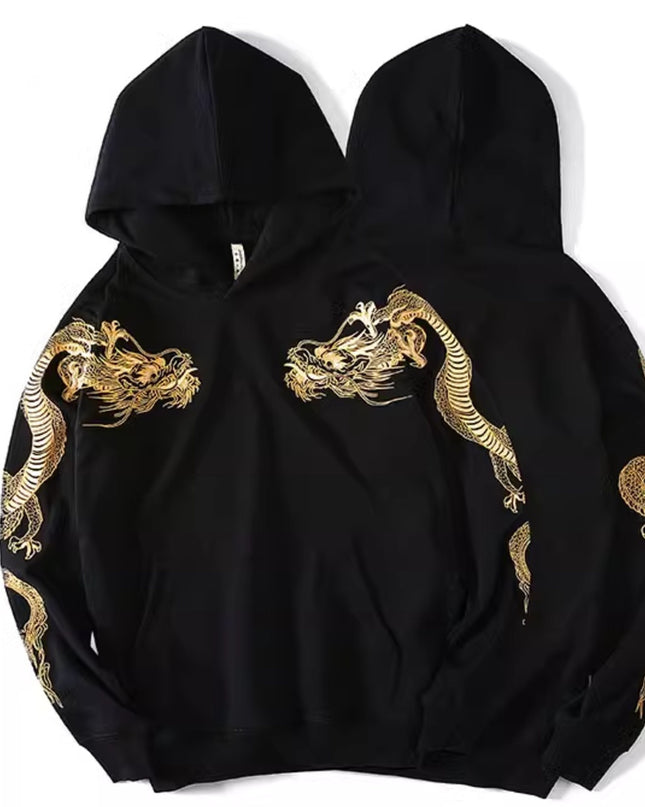 Autumn Winter High-end Hoodie Men's Pure Cotton Golden Dragon Embroidery Loose Hooded Trend Coat