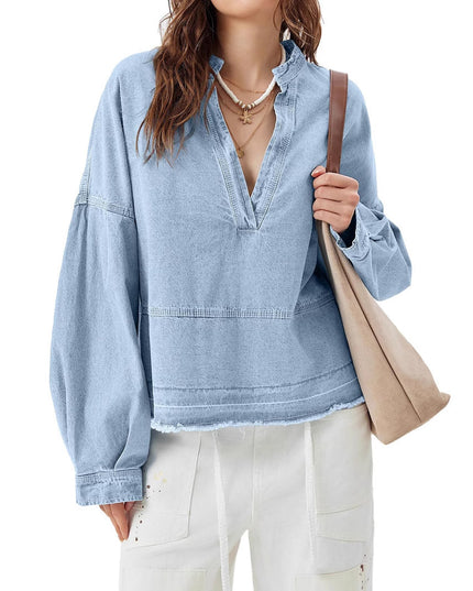 New V-neck Long Sleeve Loose Stitching Denim Long Sleeve Loose All-matching Top