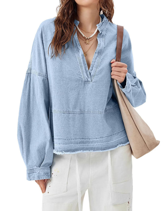 New V-neck Long Sleeve Loose Stitching Denim Long Sleeve Loose All-matching Top