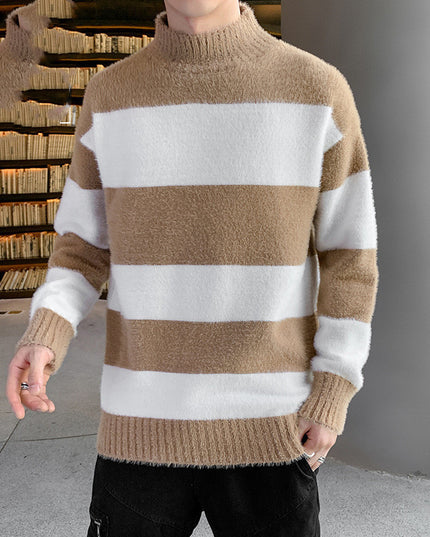 Half High Collar Pullover Striped T-Shirt