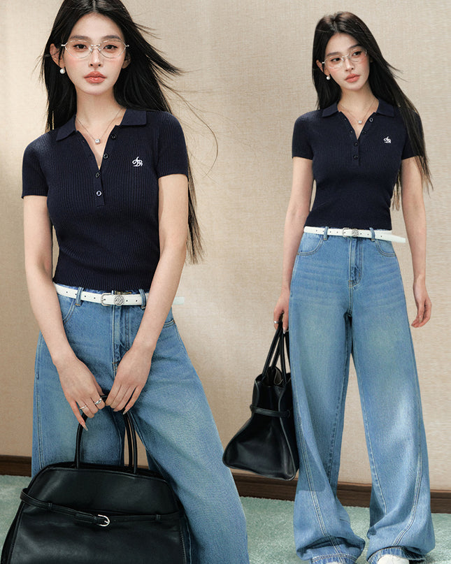 Knitted Preppy Style Polo Collar Tencel Linen Short Sleeve