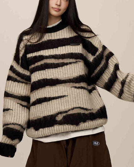 Striped Contrast Color Haima Wool Sweater For Women